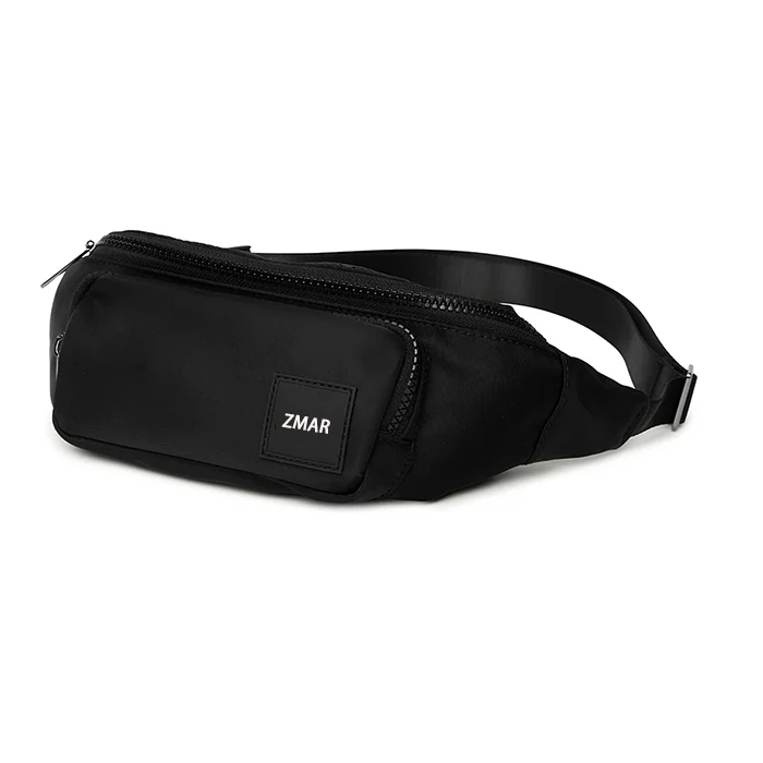 ZM-949 Custom Black Small Fanny Pack Rubber Patch Logo Unisex Gym Bag With Metal zipper