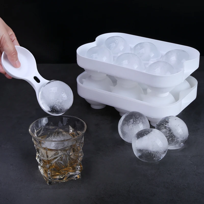 Custom Bpa Free 3D Whisky Sphere Square Cube Maker Freezer 6 Holes Drink Ball Silicone Ice Cube Tray Mold With Lid and Bin