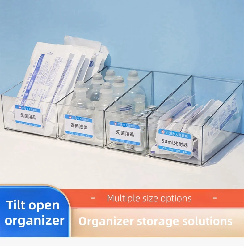 Hopital Clinic Pharmacy Shelves PET Transparent Tilt Open Organizer Iterm Tilt Opening Serving Tray Plastic Storage Box Basket