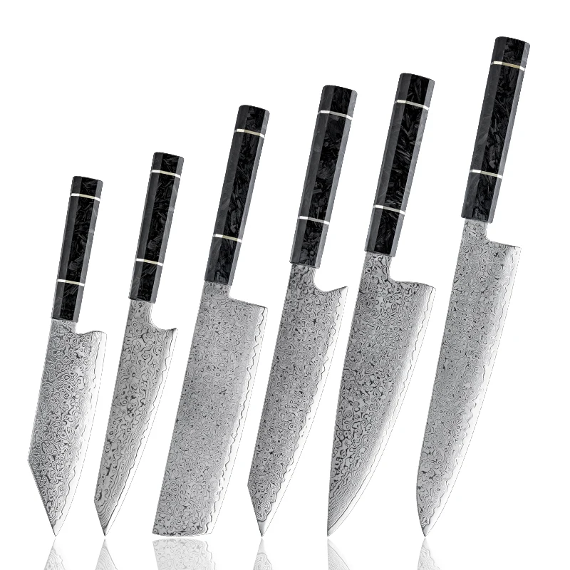 Professional Damascus Carbon Stainless Steel 6Pcs Kitchen Knife Set Chef Utility Santoku Nakiri Knife with Carbon Fiber Handle