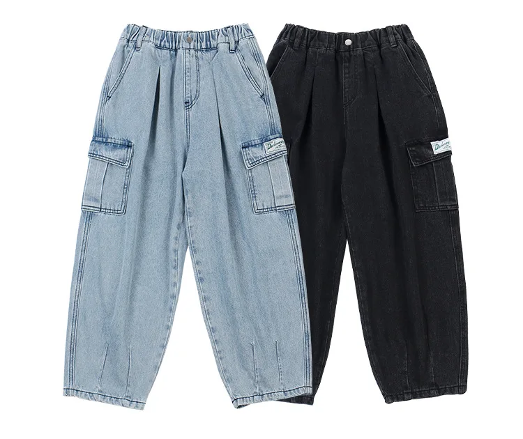 custom children loose fit cargo pants kids denim jeans pant denim kids cargo pants
