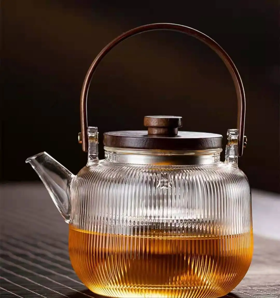 Home transparent heat resistant glass teapot with plastic handle