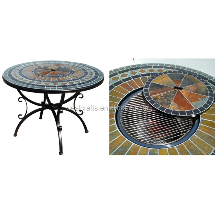 
Outdoor garden patio Mosaic fire pit table set with rattan chair dining tabletop fire pit 
