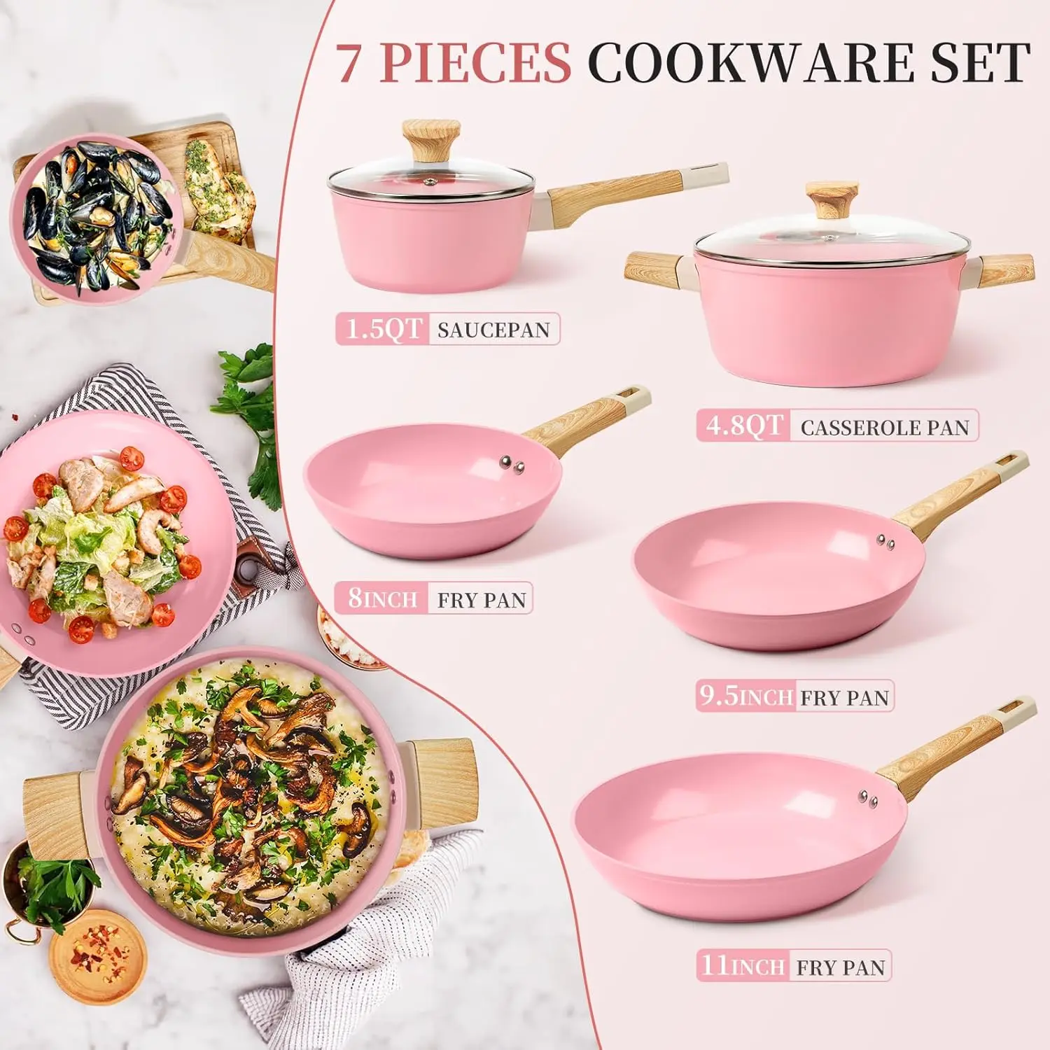 9 Pcs Induction Pink Aluminum Ceramic Non Stick Pan Set Cookware Set Cooking with Glass Lid