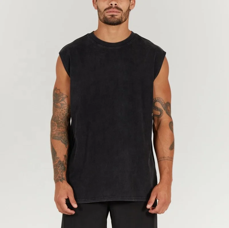 Wholesale Custom Logo Print Cotton Black Acid wash Workout Singlet Cut Off Shirt Men Slim Fit Gym Tank Top