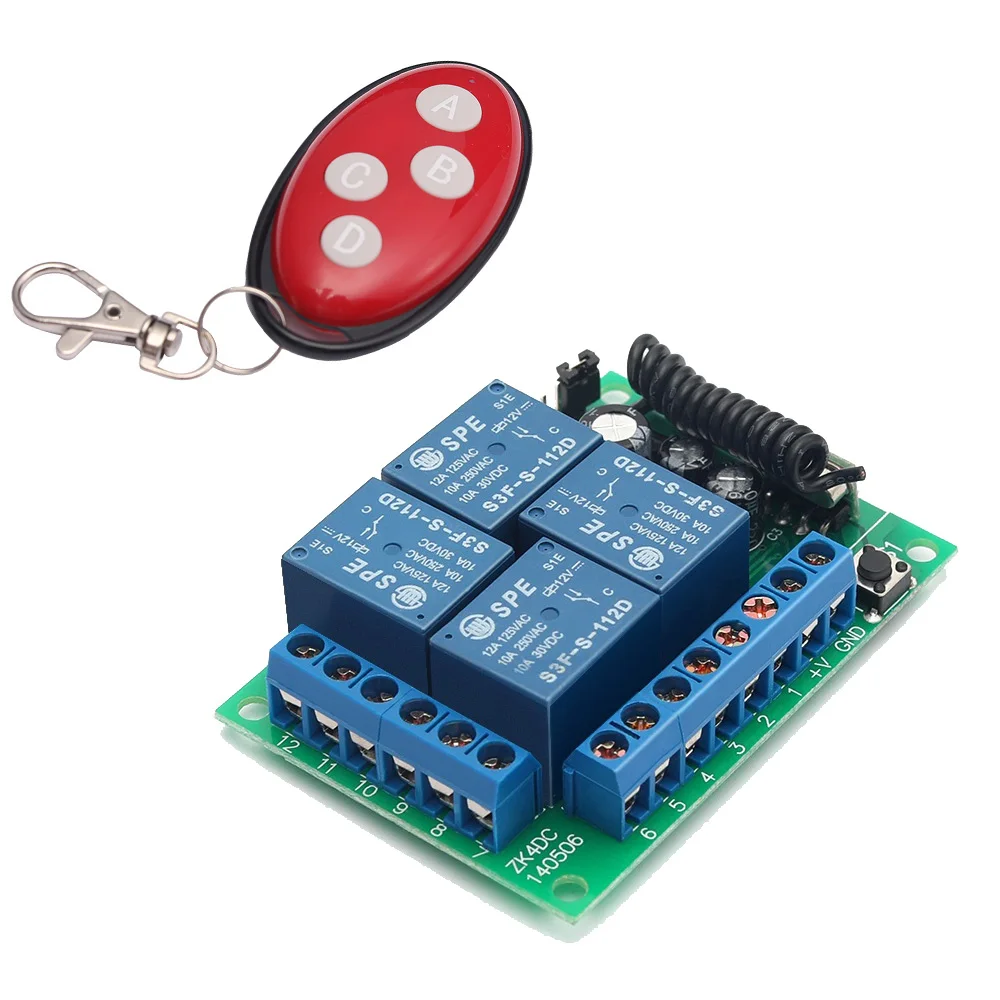 Постоянный ток 12-24 вольт постоянного тока 4 канала Универсальный беспроводной переключатель с дистанционным управлением RF триггерный релейный модуль для умного дома светодио дный управление гаражные ворота переключатель
