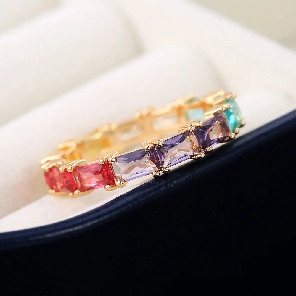Luxury Fashion Rainbow Color Zircon Ladies Ring Wholesale Jewelry Cz Eternity Band Stack Baguette Cubic Zirconia Finger Ring