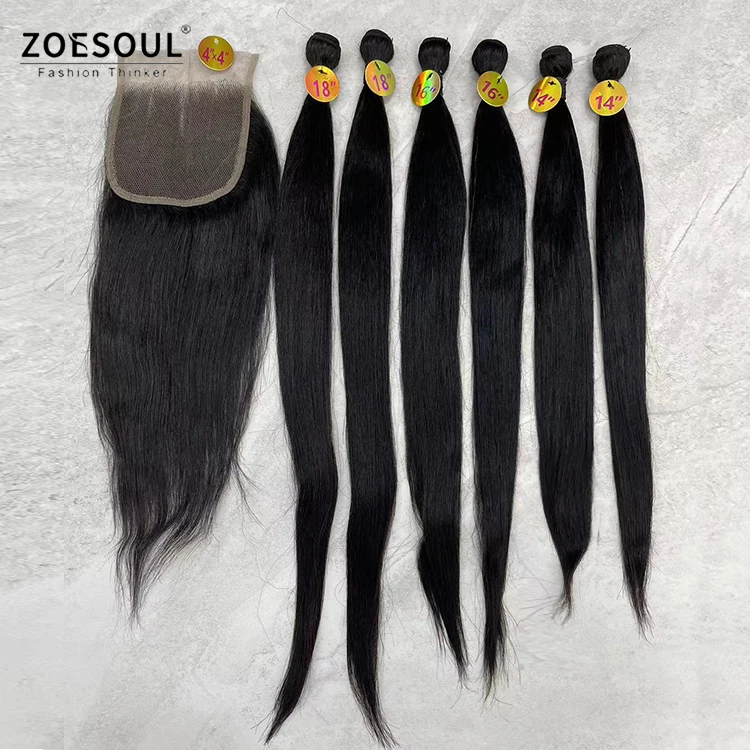 4*4 T Part Lace 6 pcs Set Straight Body Wave Curly Human Hair Blend Hair Weave Bundles For Women