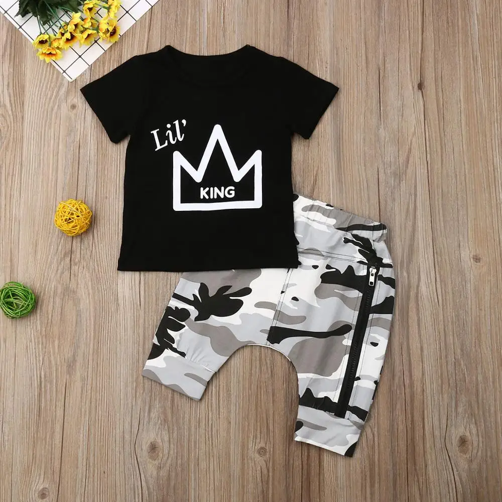 2019 new hot selling crown pattern camouflage pant two piece modern natural baby summer clothes for 1 year old boy