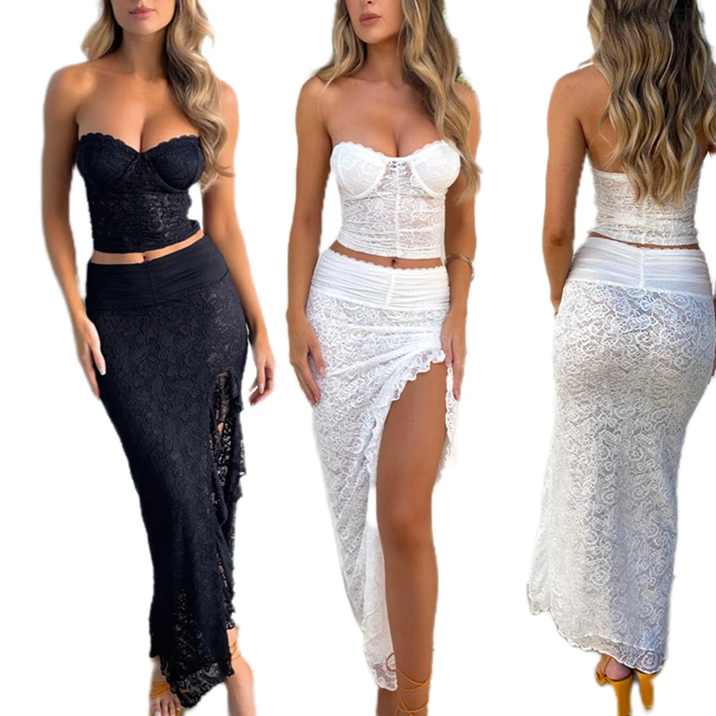 Channel 2024 Summer Sexy See Through 2 Piece Long Skirt Set For Women Floral Bandeau Strapless Lace Top Split Maxi Skirt Outfits