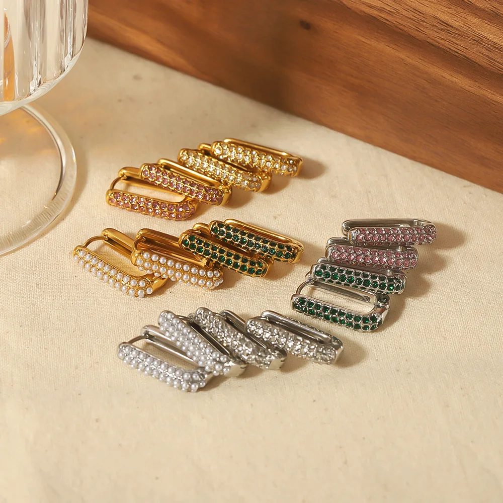 E103 18K Elegant Rectangle Colorful Diamond Huggie Earrings Stainless Steel Square Pave Emerald Zircon U Shape Hoop Earrings