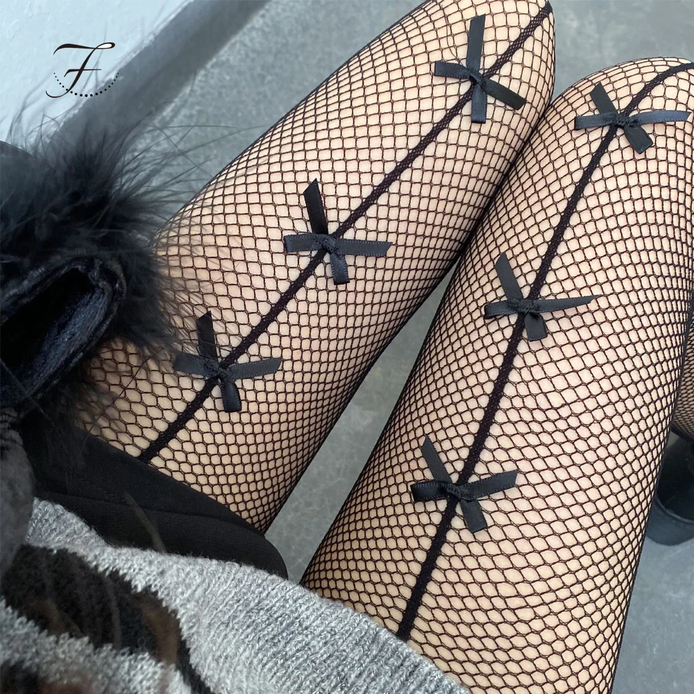 Fiona RTS Female Tights Spring Summer Sexy Girls Women Black Fishnet Stockings Hollow Ladies Thin Mesh Pantyhose With Bows