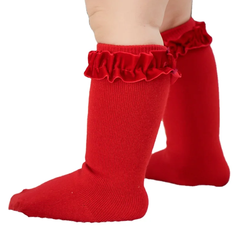 2024 Princess Long frill Sock Knee High Spanish Style red green christmas baby girls vintage velvet wavy ruffle socks