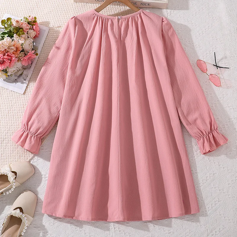 2024 Casual Teenager Girl Princess Pink Ruffle Dress 8-12 Years Fashion Autumn Teen Girls Dresses Ins