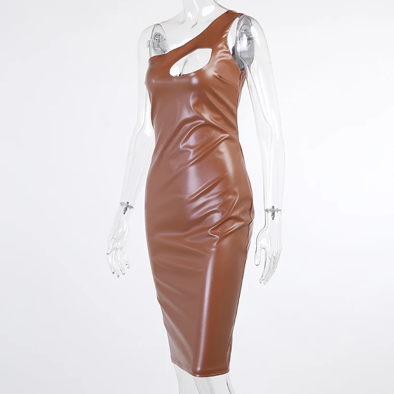 2022 Long Bodycon Pu Leather One Shoulder Sling Asymmetrical Brown Sexy Cut Out Summer Dress