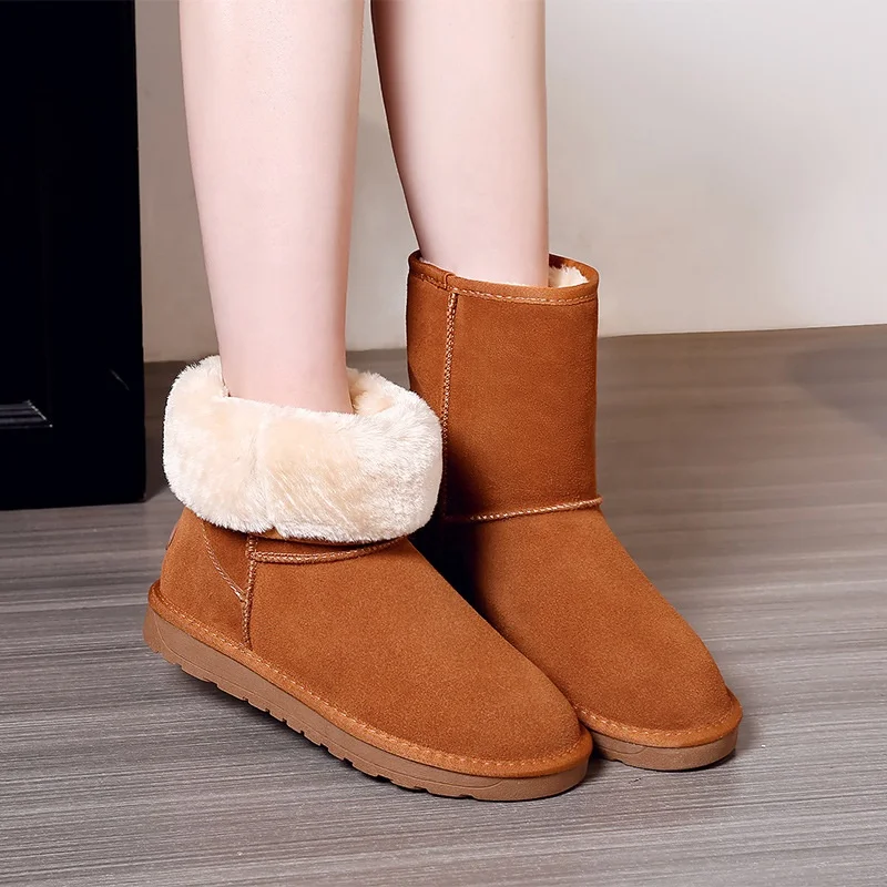 2021 custom classic winter winter warm real leather upper with plush lining ankle wool snow boots for women