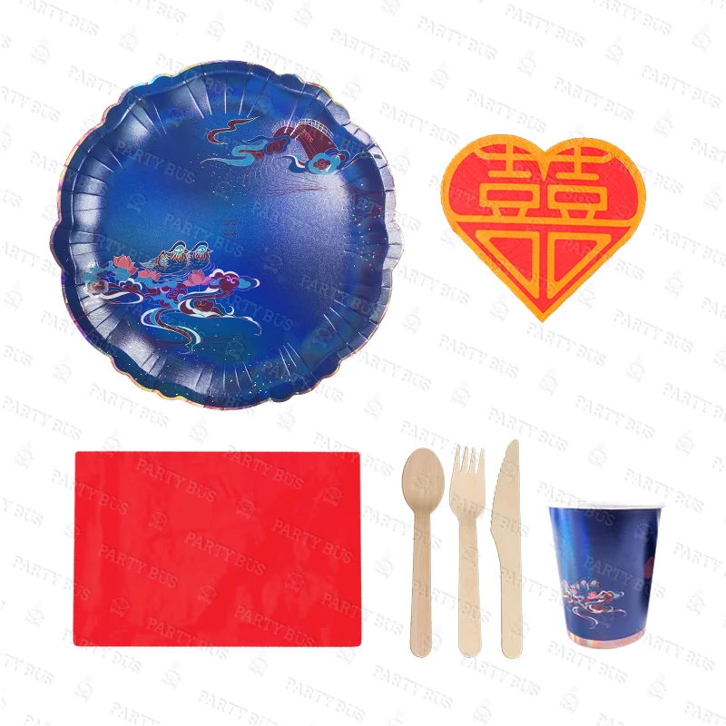 Partybus Traditional Chinese Style Dark Blue Paper Cups Plates Disposable Wedding Dinner Party Tableware Set