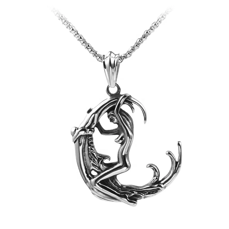 long retro punk silver crescent pendant men women charm triple moon goddess necklace