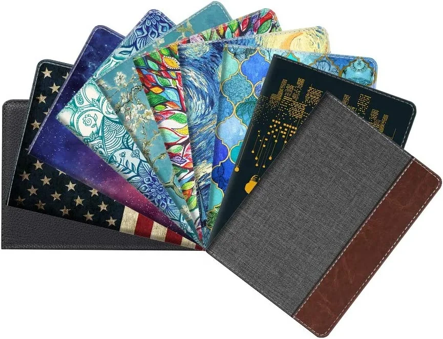 Passport Holder Travel Wallet RFID Blocking PU Leather Card Case Cover Denim Charcoal Brown