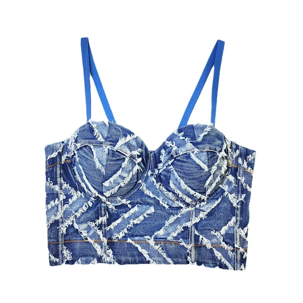 Wholesale Manufactory Casual Girls Women Ladies Tube Crop Tunic Bustier Patchwork Blue Ripped Demin Jean Corset Top High Quality