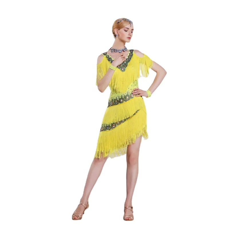 L-16199 Custom yellow modern smooth dance dress hot sale high-end tassels Latin dance dress with tassels for competition
