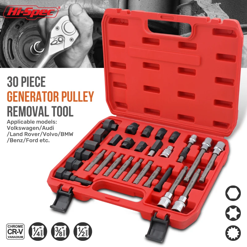 30pc Alrernator Generator Pulley Removal Tool Kit Set Includes 1/4, 3/8 and 1/2 Bit Sockets and Driver Bits