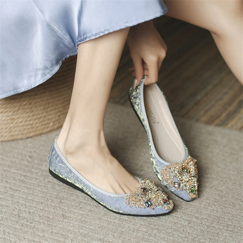 Size 35-45 Luxury Shiny Satin Flats Pointed Toe Dress Pumps Women Ballerina Flat Shoes For Wedding Party Loafers