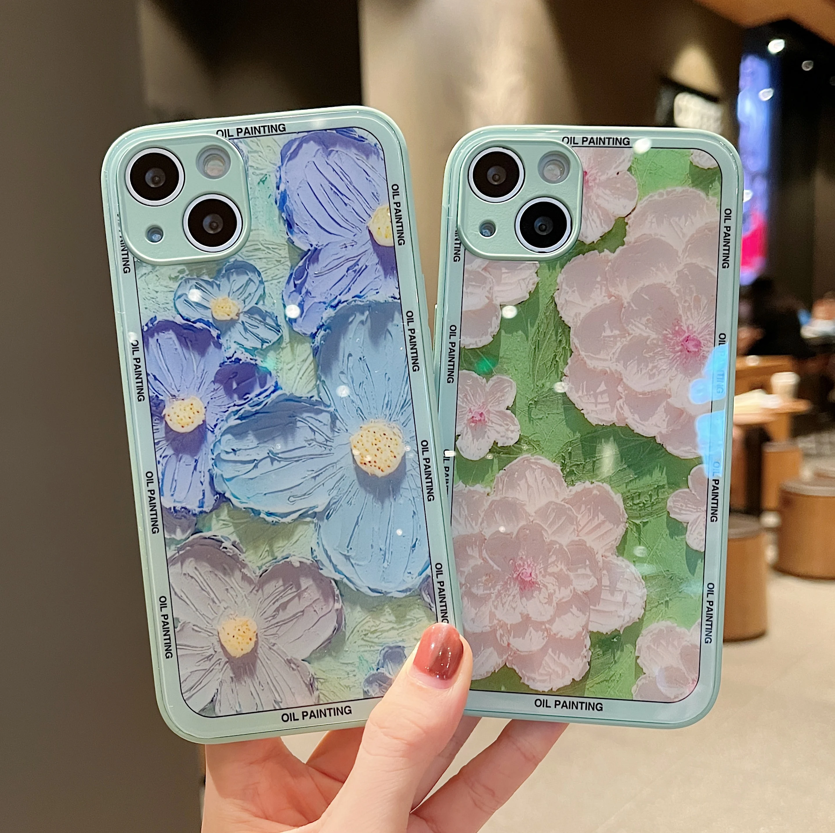 Dropshipping Oil Art Flower Tempered Glass Cell Phone Case For iPhone 14 Pro Max 13 11 12 X XS XR 6 7 8 Plus Shockproof Cover