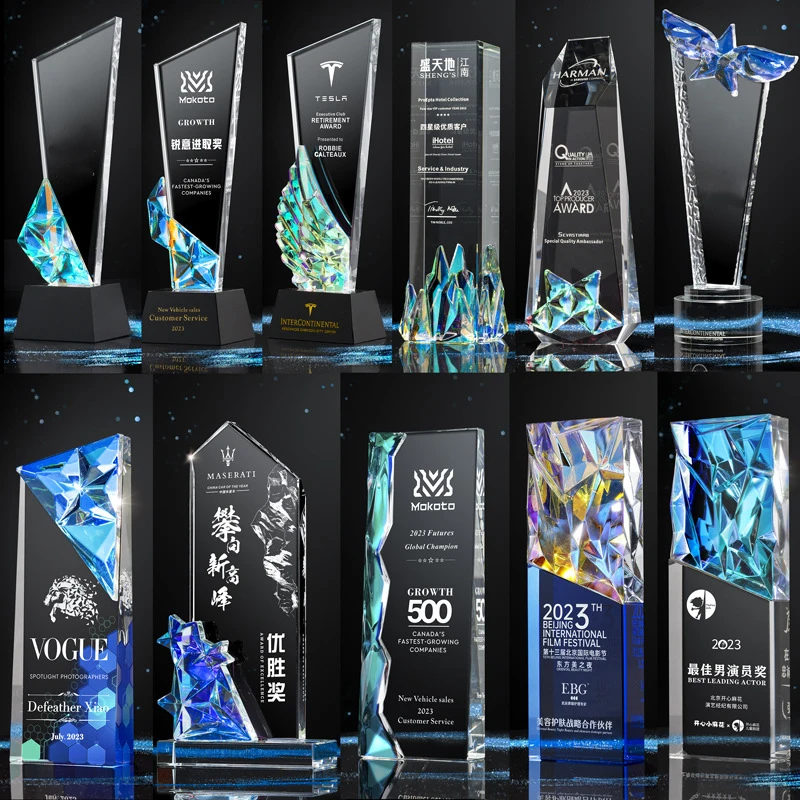 Custom Shape Blank Logo Print Sport Corporate Award Rainbow K9 Crystal Glass Plaque Trophy With Clear Blue Black Base