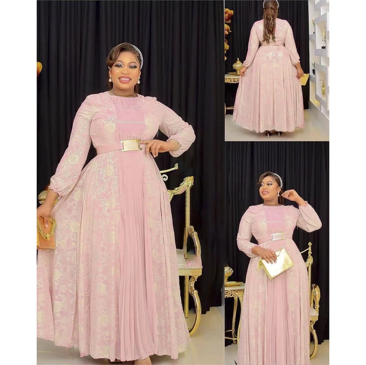 Plus Size Summer XXXL New Printed Puff Sleeves High Waist Temperament Red Long Crepe Pleated Maxi Dress With Belt