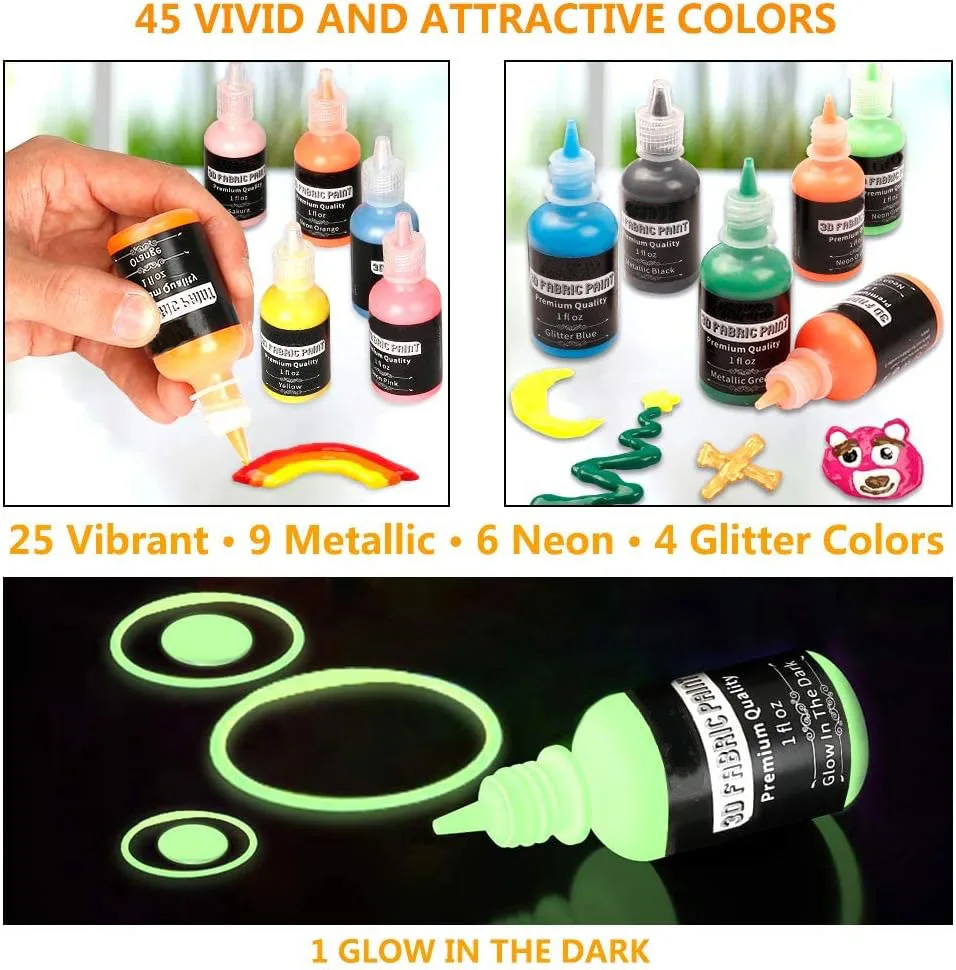 45 colors 3D permanent fabric paint for clothes fabric paint glow in the dark metallic paint for fabric
