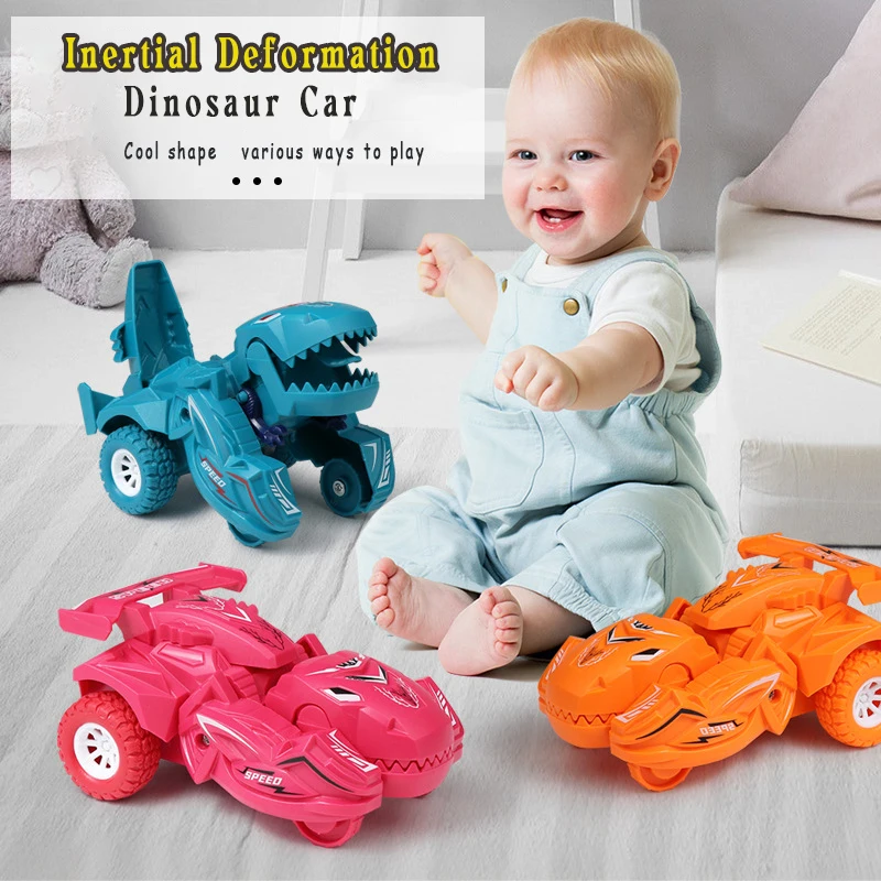 New style 8pcs inertial dinosaur deformation car toy simulation model collision sliding pull back friction vehicle toys for kids