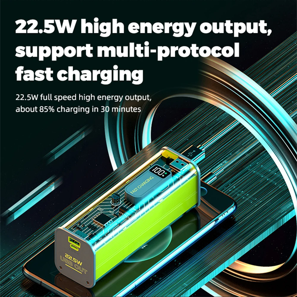 Two Way PD20W 20000mah 22.5W QC PD PPS Multiprotocol Transparent LED Digital Display 21700 Battery DIY Fast Charge Power Bank