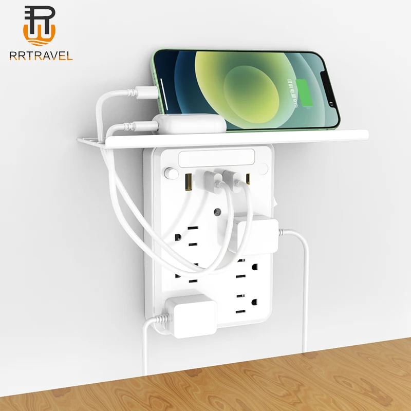 Smart LED Night Light Wall Mount Electrical Surge Protector, USB Extension Shelf Socket 6 AC Outlet for Home Nightstand