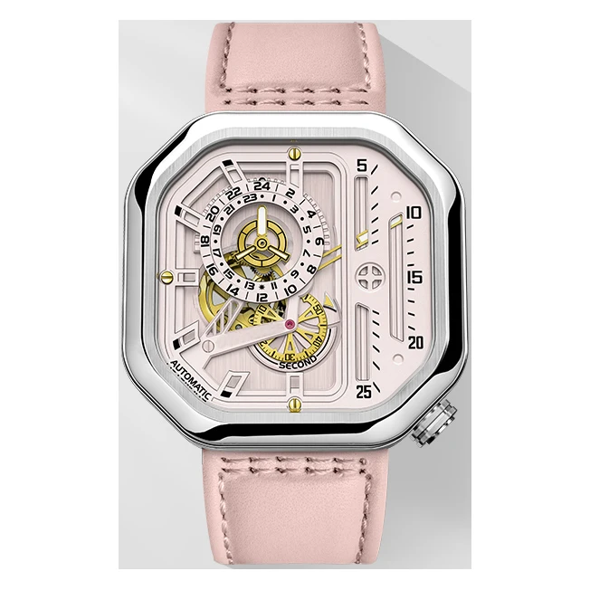 Luxury cow leather strap small wheeled second hand square men mechanical automatic watch