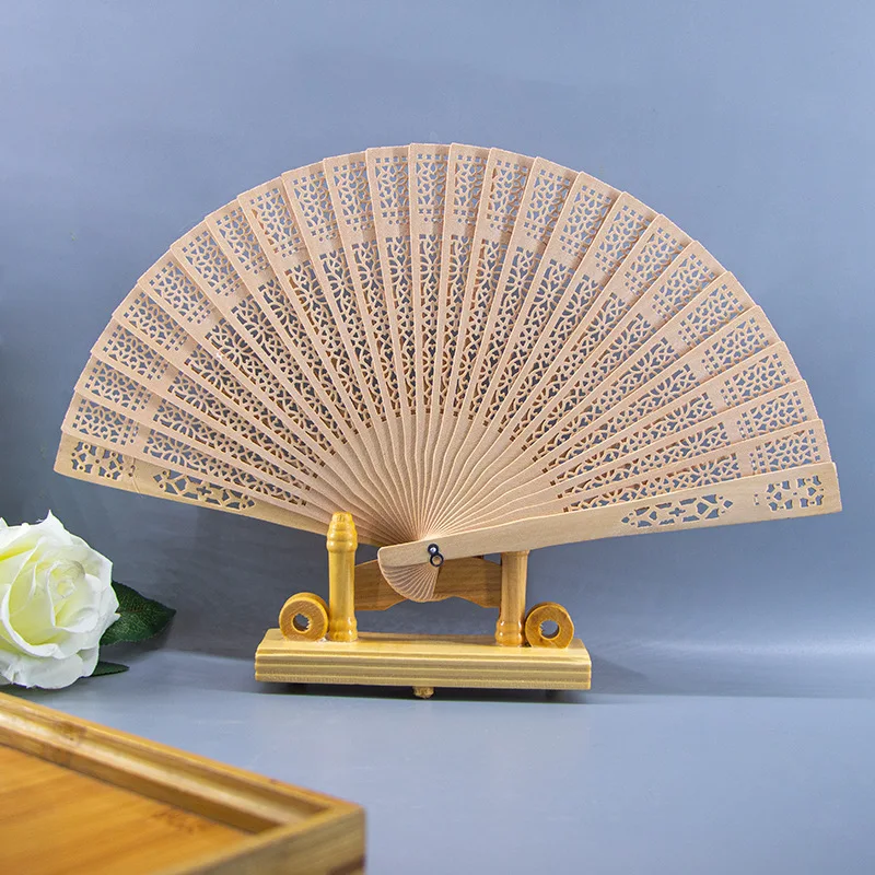 Wholesale Custom Logo Engraved Wood Folding Hand Fan High Quality Natural Wood Carved Handheld Fan Wooden Wedding Fans