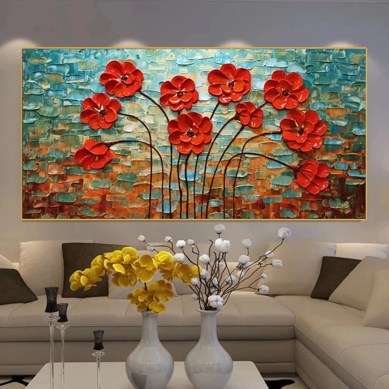 Retro Abstract Red Flowers Canvas Painting on the Wall Art Posters Prints Wall Pictures for Living Room Home Wall Decor