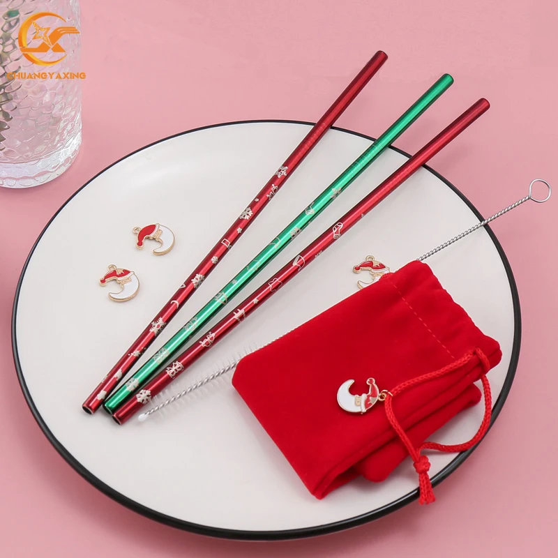 Customized LOGO Stainless Steel Christmas Drinking Straws Christmas Green Metal Straw Set with Red Bag