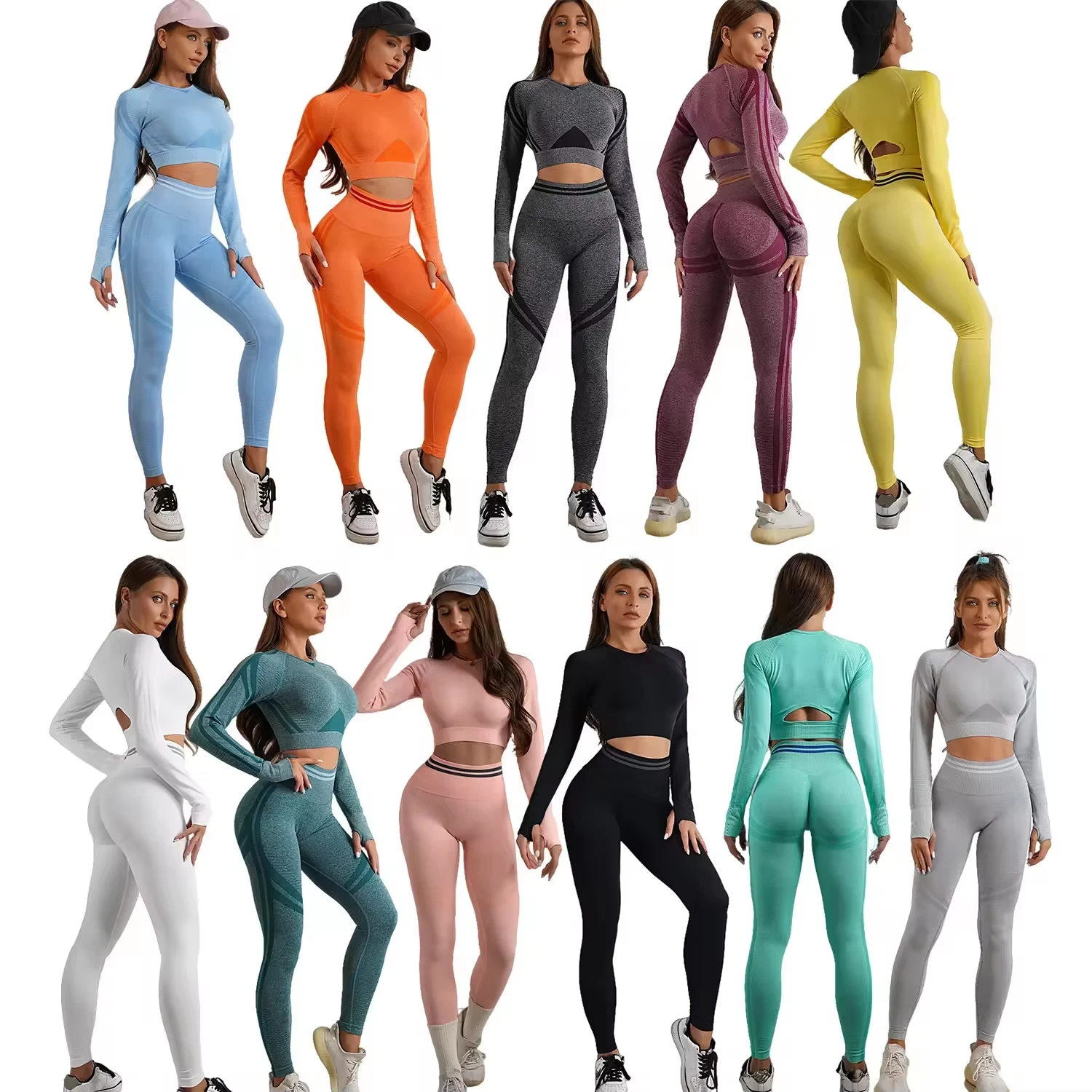 2pcs Seamless Hot Selling Gym Sports Wear Running Breathable Knitted Tight Yoga Wear Long Sleeve Suit Set Full 1 Piece Mid S-M-L