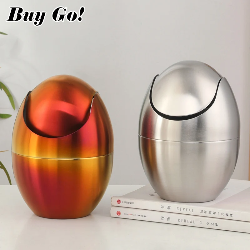 Buygo Egg Design Tabletop Dustbin with Rolling Cover Small Wast Bin Colorful Stainless Steel Desktop Garbage Trash Can