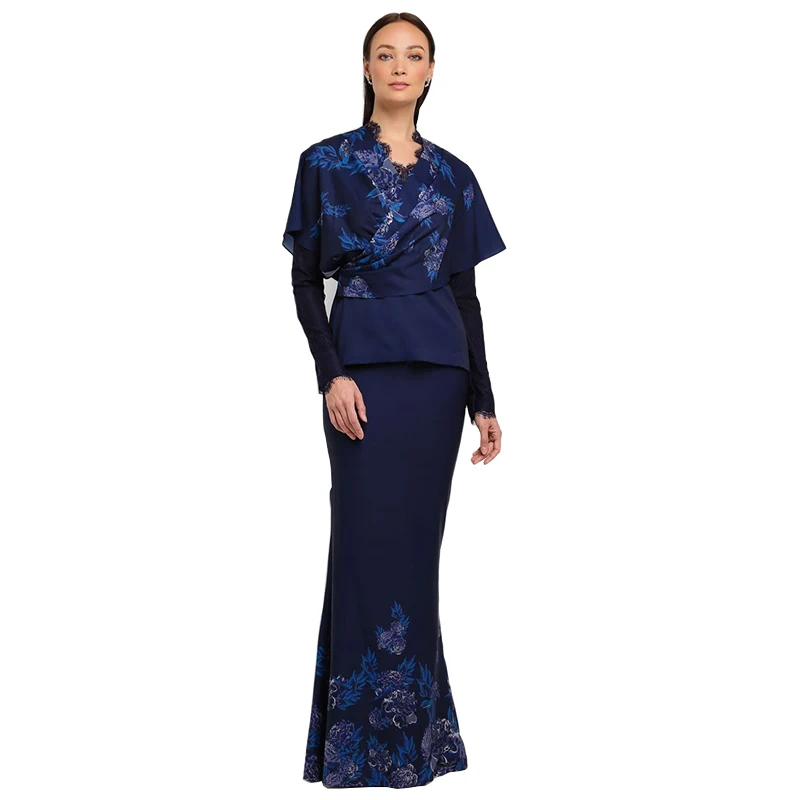 New Style Fashion Baju Kurung Drak Blue Long Sleeves Baju Kebaya Muslim Dress Islamic Clothing