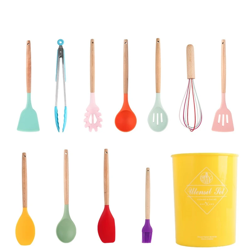 12pcs Silicone Cooking Utensils Kitchen Utensil Set Turner Tongs, Spatula, Spoon, Brush Wooden Handle