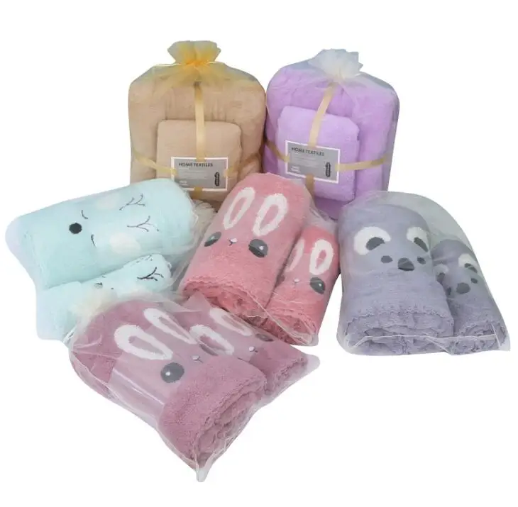 Cute Cartoon Bath Coral Fleece Velvet Towel Set Soft Absorbent Thickened Gift Towel