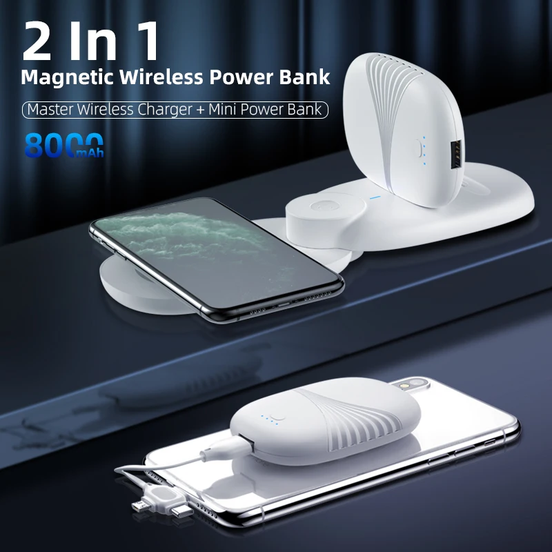 Portable Wireless Magnetic Power bank universal Twins 2 in 1 8000mah magnetic Mini power bank for i-product,type c,micro