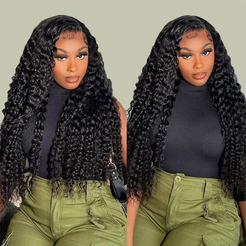 26 28 Inch Long Brazilian Black Human Hair Lace Front Wig Super Double Drawn Frontal Kinky Curly Wig