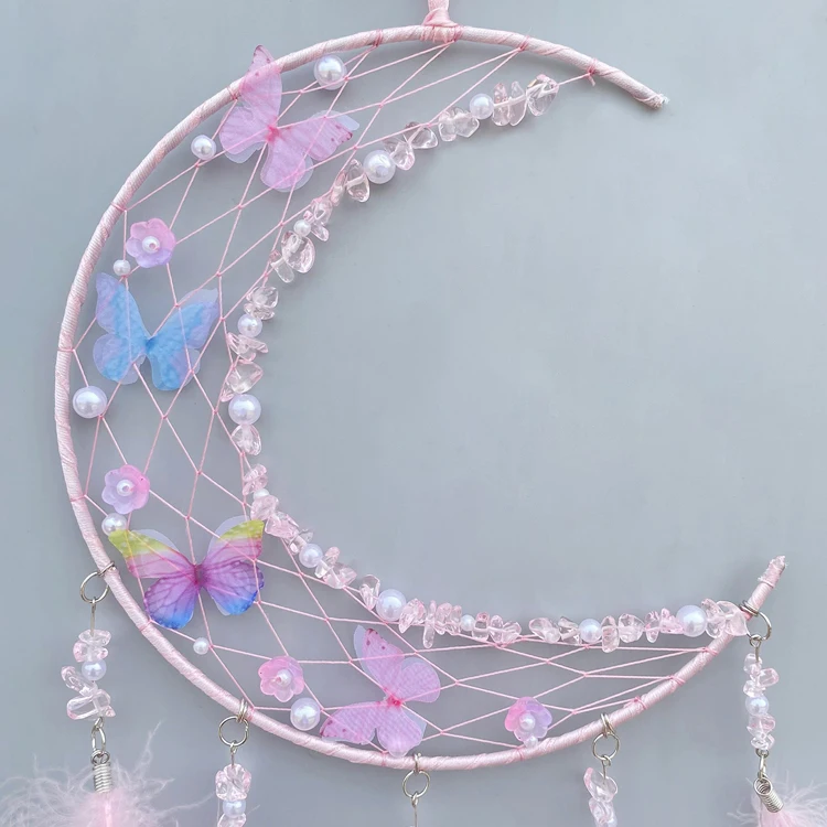 New Promotion Hot Style Handcrafted Macrame Crystal Indian Feather Dream Catcher Moon Butterfly