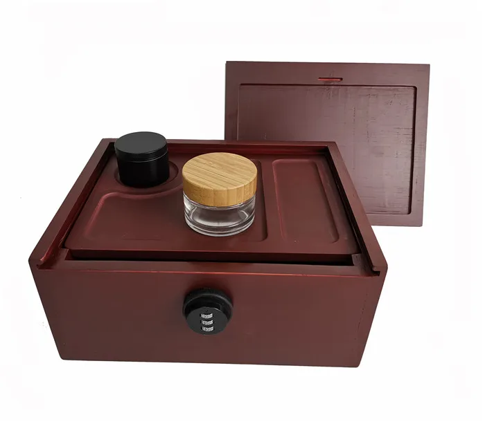 Luxury wooden bamboo smell proof weed portable stash box with magnetic rotating lid lock