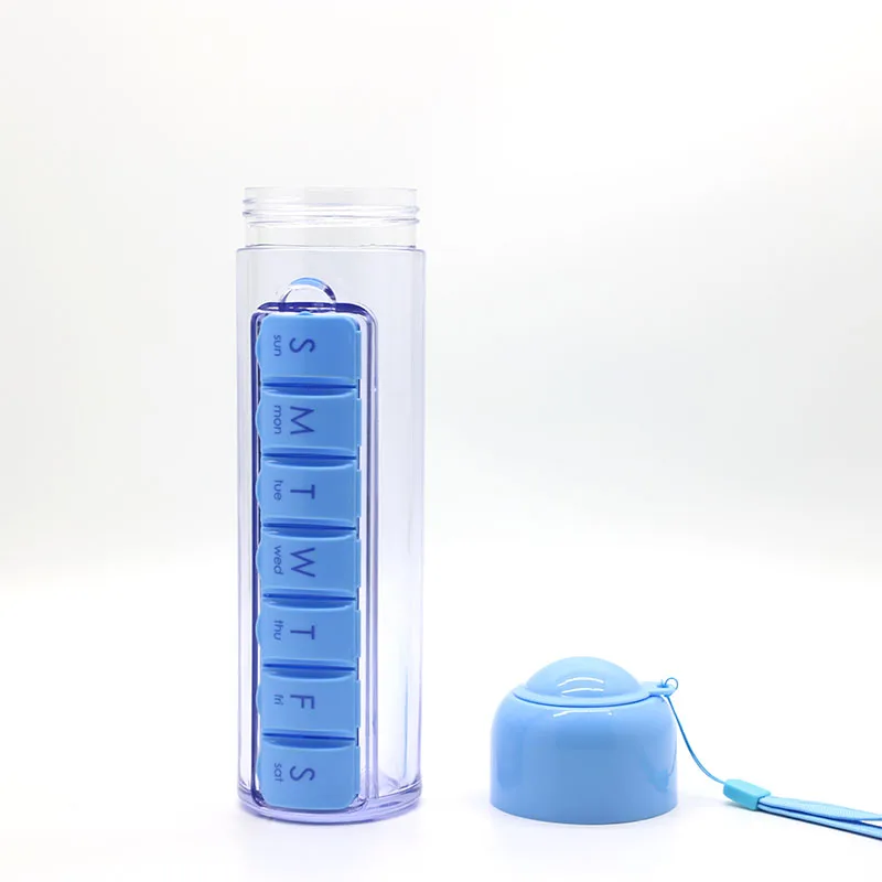 350ML Capsule Shape 7 Days Pill Organizer Case Portable Water Bottle Detachable magnetic attraction Drinking Bottle with Time