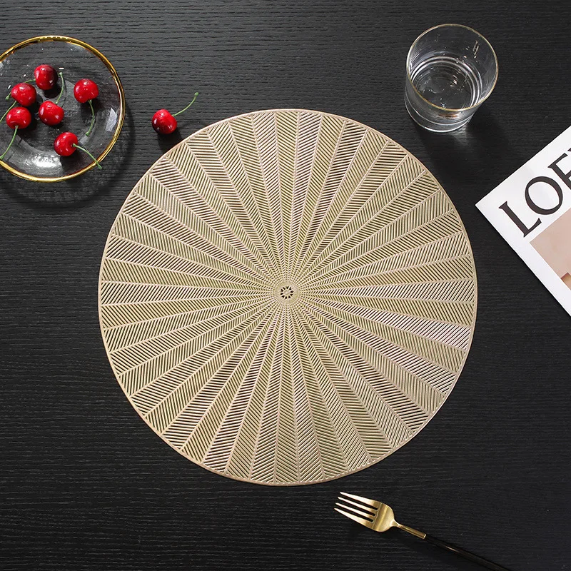 Western Most Popular Gold Luxury Sliver Fan Pattern PVC Leather Waterproof Round Table Mats