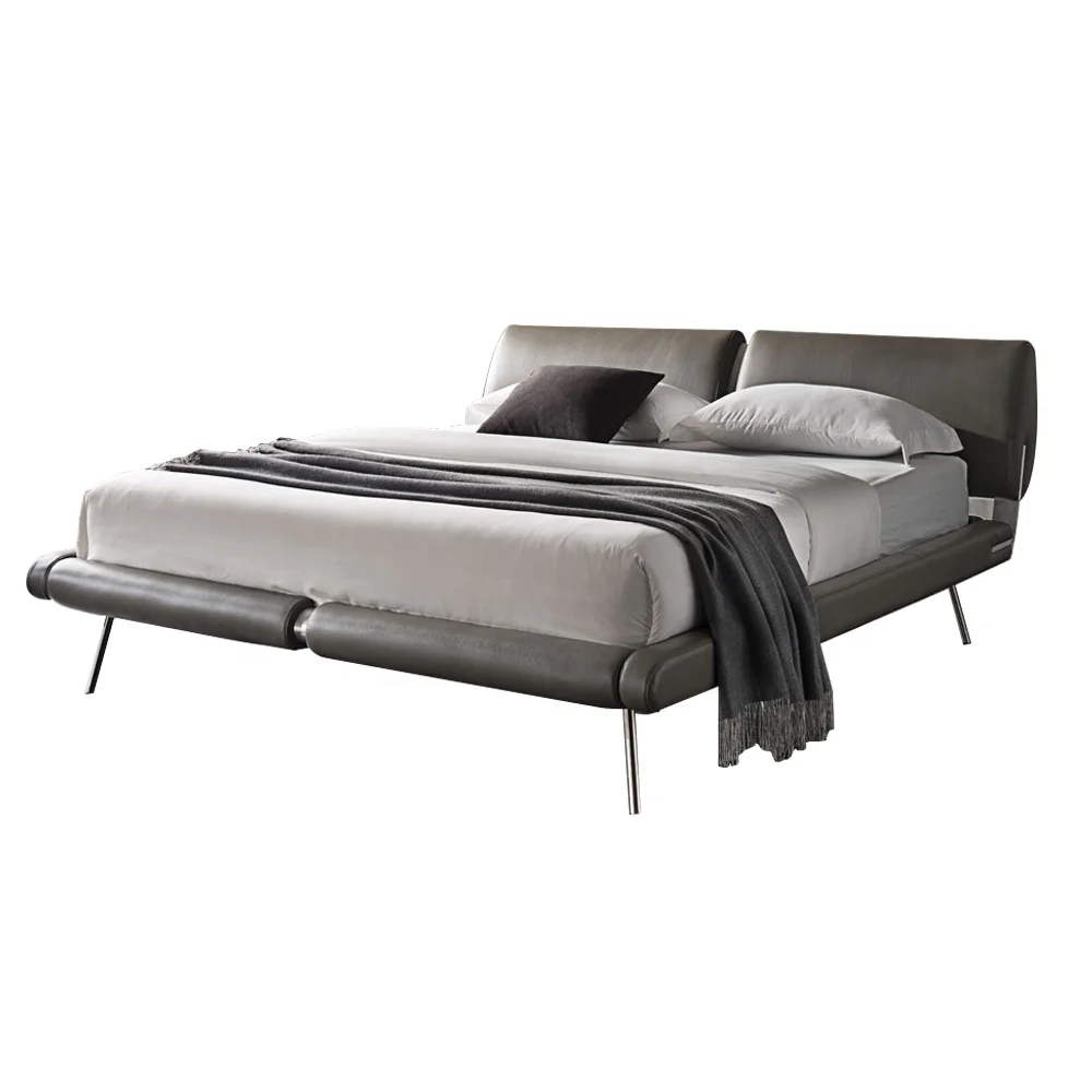 
King Size Modern Double Leather Upholstered Backrest Metal Aluminum Sheet Support Bed Frame 